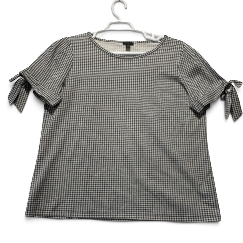 Ann Taylor Factory Black White Gingham Cotton Tie Sleeve Top XL